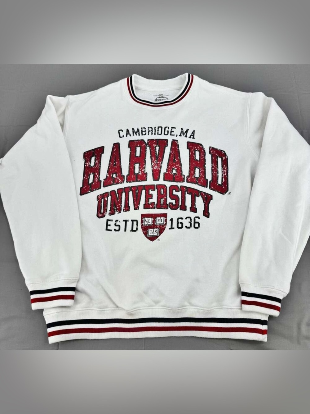 Harvard University Licensed Crewneck Sweatshirt White with Distressed Graphic